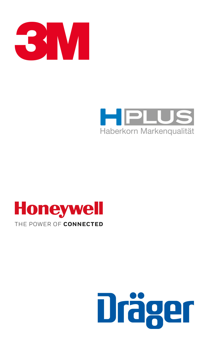 Logos der Atemschutz Marken 3M, H-Plus, Honeywell und Dräger in rot, blau und grau