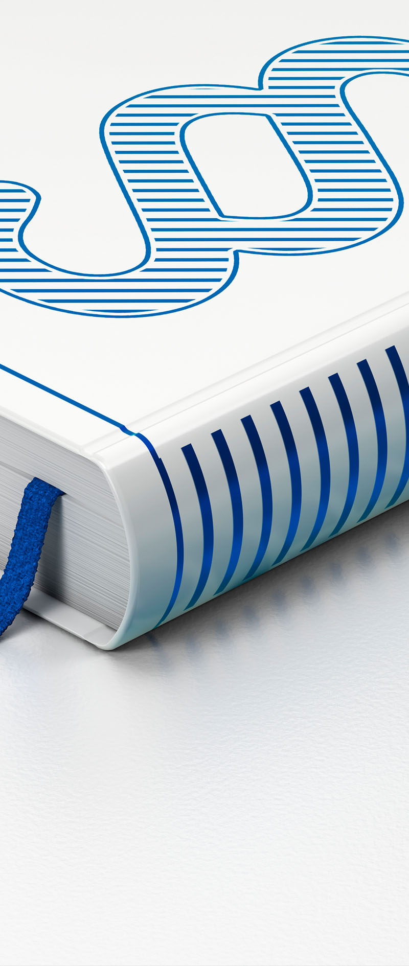 Weißes Buch mit blauem Paragraphenzeichen, Strichen und Lesezeichen
